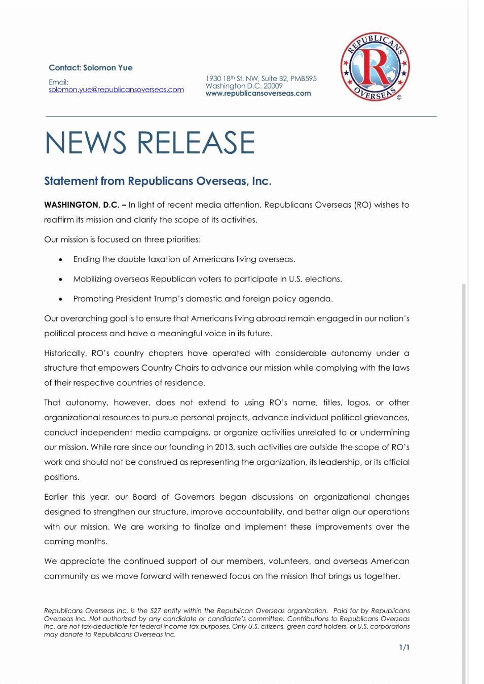 Republicans Overseas, Inc. News Release — Statement clarifying mission and scope of activities