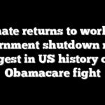 Senate returns to work as government shutdown nears longest in US history over Obamacare fight