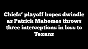 Chiefs’ playoff hopes dwindle as Patrick Mahomes throws three interceptions in loss to Texans