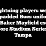 Lightning players wear full-padded Bucs uniforms, get Baker Mayfield escort before Stadium Series in Tampa