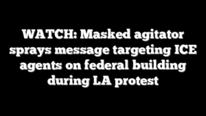 WATCH: Masked agitator sprays message targeting ICE agents on federal building during LA protest