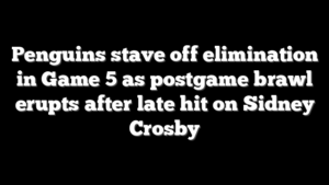 Penguins stave off elimination in Game 5 as postgame brawl erupts after late hit on Sidney Crosby
